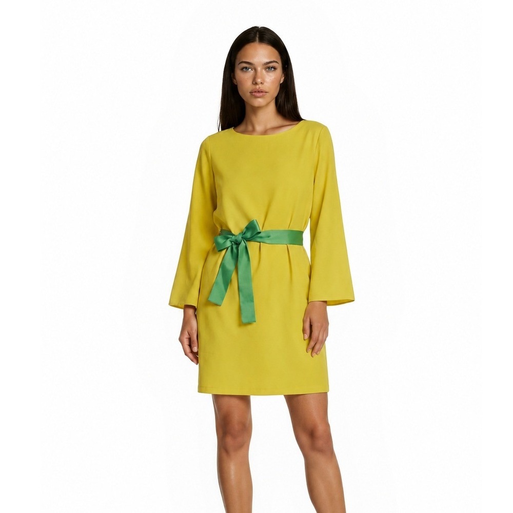 Ovi Shift Dress Women's Size Large Yellow Green Belt Bell‎ Sleeve Vintage Lined